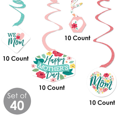 Colorful Floral Happy Mother's Day - We Love Mom Party Hanging Decor - Party Decoration Swirls - Set of 40