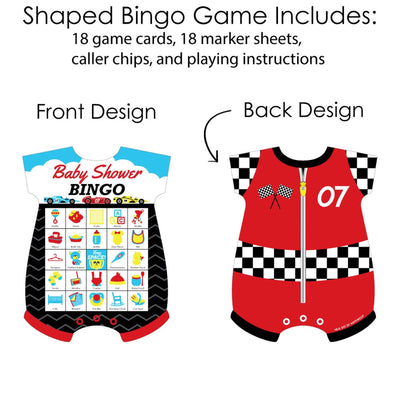 Let's Go Racing - Racecar - Picture Bingo Cards and Markers - Race Car Baby Shower Shaped Bingo Game - Set of 18
