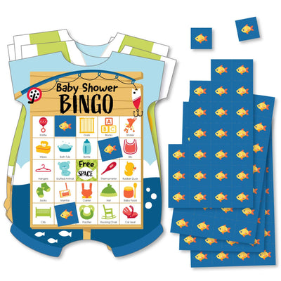 Let's Go Fishing - Picture Bingo Cards and Markers - Fish Themed Baby Shower Shaped Bingo Game - Set of 18