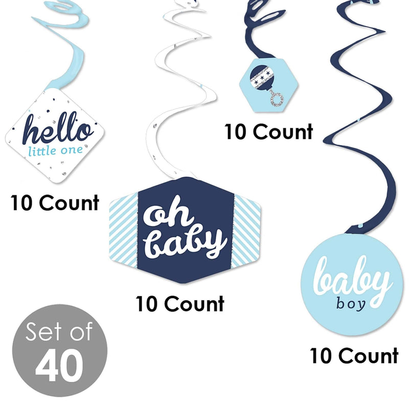 Hello Little One - Blue and Silver - Boy Baby Shower Hanging Decor - Party Decoration Swirls - Set of 40