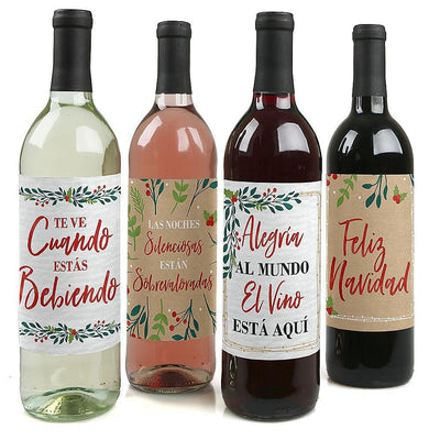 Feliz Navidad - Holiday and Spanish Christmas Party Decorations for Women and Men - Wine Bottle Label Stickers - Set of 4