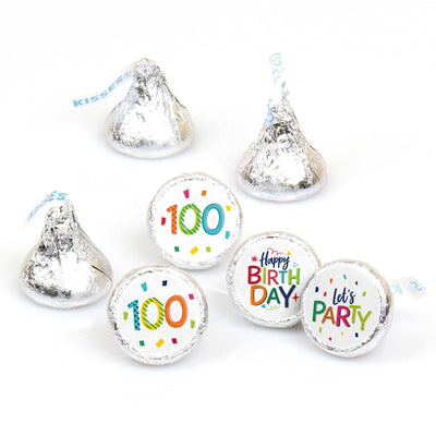 100th Birthday - Cheerful Happy Birthday - Round Candy Labels Colorful One Hundredth Birthday Party Favors - Fits Hershey's Kisses - 108 ct