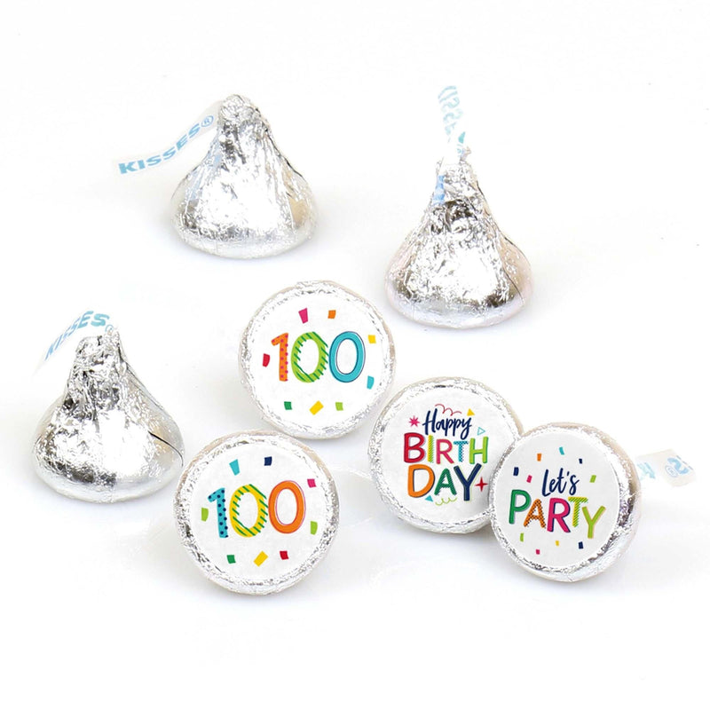 100th Birthday - Cheerful Happy Birthday - Round Candy Labels Colorful One Hundredth Birthday Party Favors - Fits Hershey&