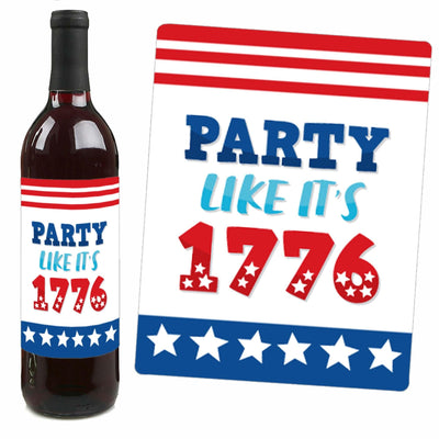 Firecracker 4th of July - Red, White and Royal Blue Party Decorations for Women and Men - Wine Bottle Label Stickers - Set of 4