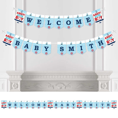 Personalized Ahoy It's a Boy - Custom Nautical Baby Shower Bunting Banner and Decorations - Welcome Baby Custom Name Banner