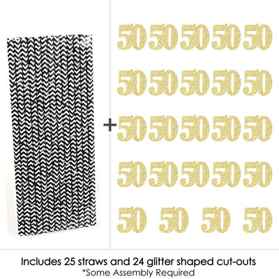 Gold Glitter 50 Party Straws - No-Mess Real Gold Glitter Cut-Out Numbers & Decorative 50th Birthday Party Paper Straws - Set of 24