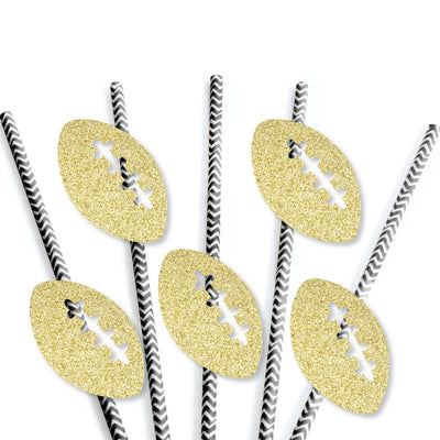 Gold Glitter Football Party Straws - No-Mess Real Gold Glitter Cut-Outs and Decorative Baby Shower or Birthday Party Paper Straws - Set of 24