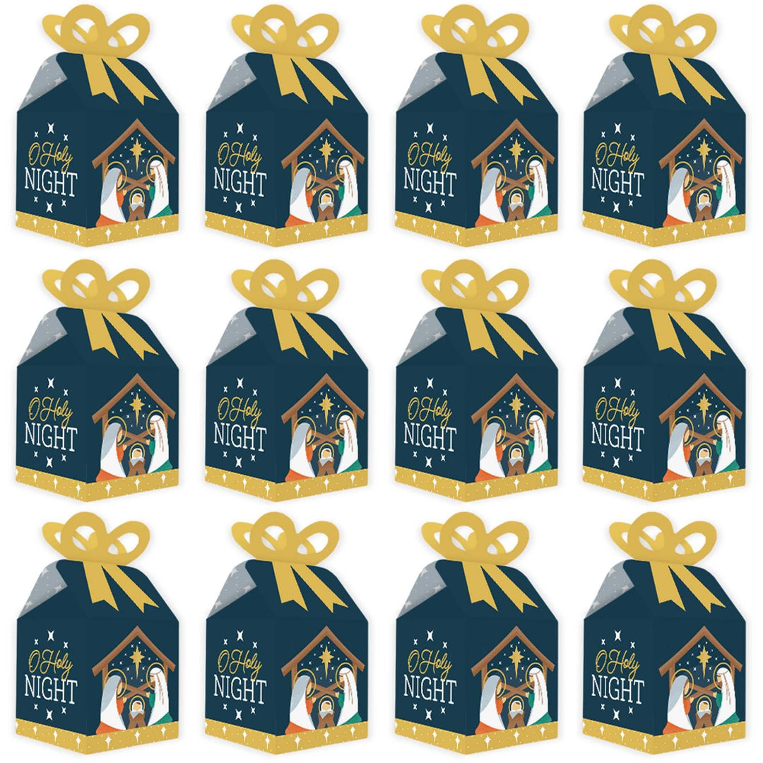 Holy Nativity - Square Favor Gift Boxes - Manger Scene Religious Christmas Bow Boxes - Set of 12