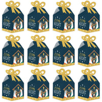 Holy Nativity - Square Favor Gift Boxes - Manger Scene Religious Christmas Bow Boxes - Set of 12