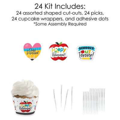 Teacher Retirement - Cupcake Decoration - Happy Retirement Party Cupcake Wrappers and Treat Picks Kit - Set of 24