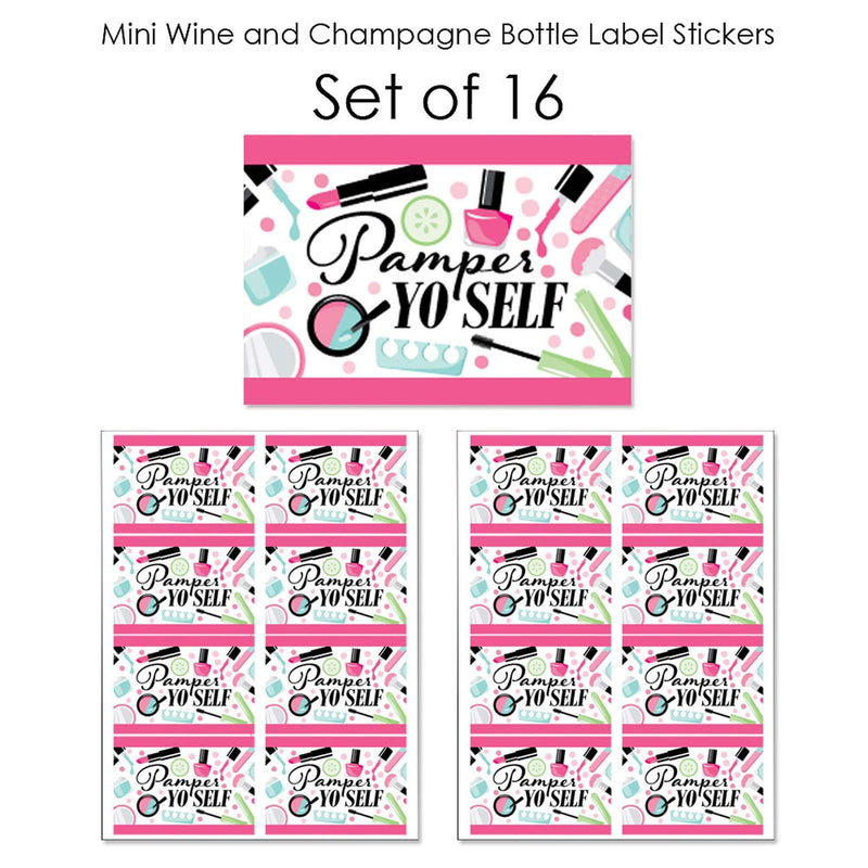 Spa Day - Mini Wine and Champagne Bottle Label Stickers - Girls Makeup Party Favor Gift for Women and Men - Set of 16