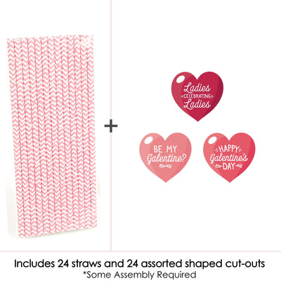 Happy Galentine's Day - Paper Straw Decor - Valentine's Day Party Striped Decorative Straws - Set of 24