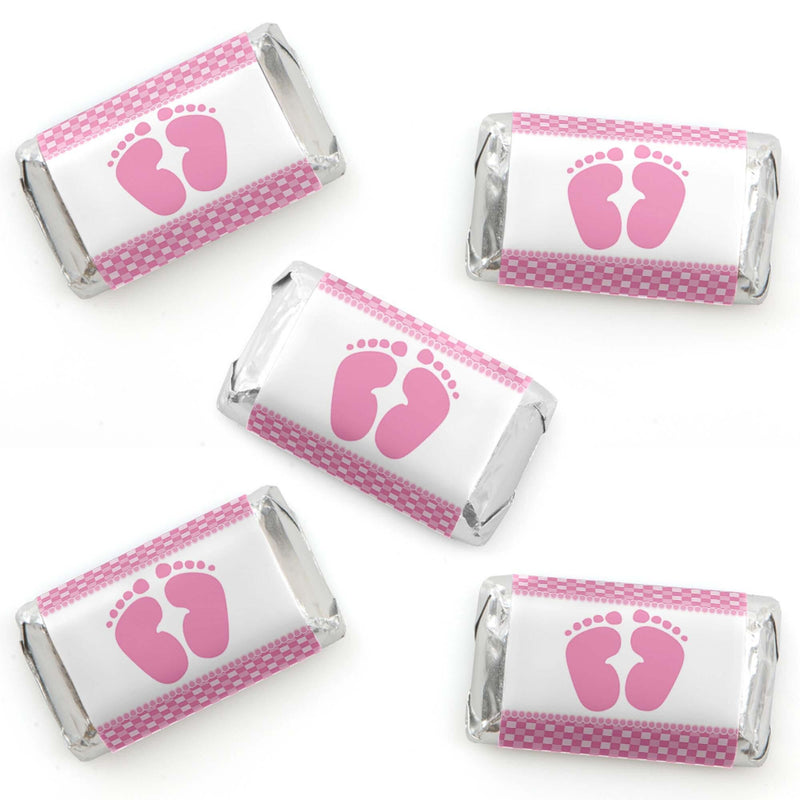 Baby Feet Pink - Mini Candy Bar Wrapper Stickers - Girl Baby Shower Small Favors - 40 Count