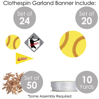 Grand Slam - Fastpitch Softball - Birthday Party or Baby Shower DIY Decorations - Clothespin Garland Banner - 44 Pieces