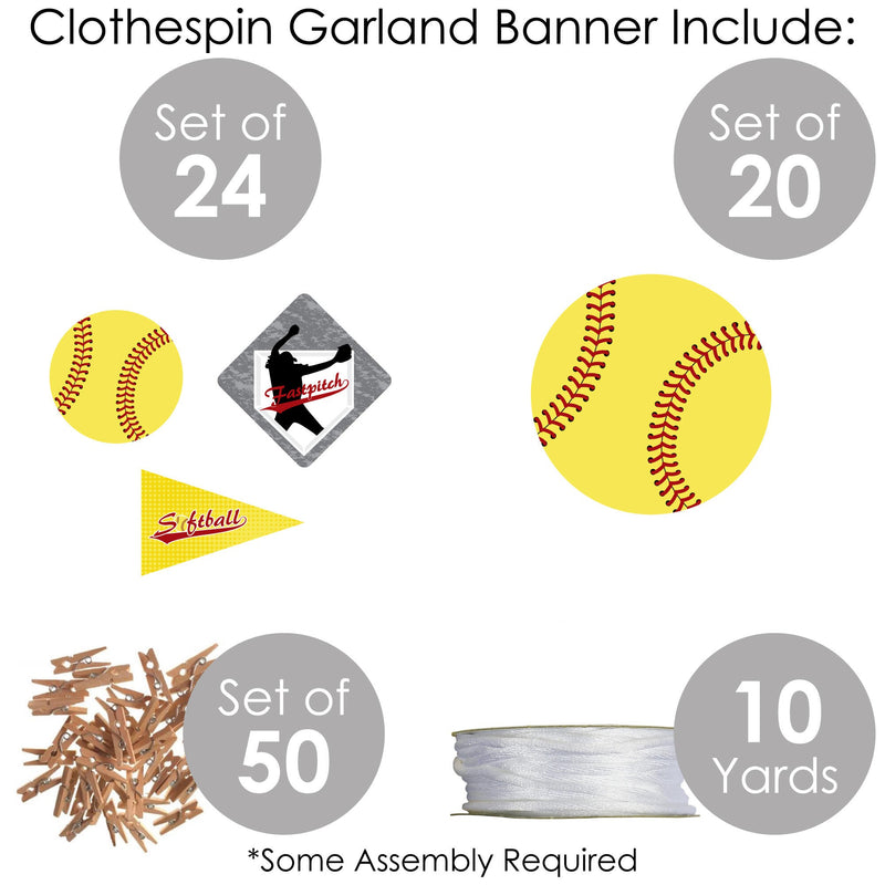 Grand Slam - Fastpitch Softball - Birthday Party or Baby Shower DIY Decorations - Clothespin Garland Banner - 44 Pieces