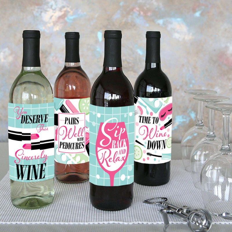 Spa Day - Girls Makeup Party Decorations for Women - Wine Bottle Label Stickers - Set of 4
