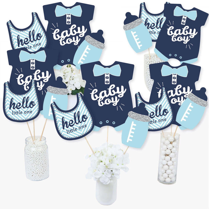 Hello Little One - Blue and Silver - Boy Baby Shower Party Centerpiece Sticks - Table Toppers - Set of 15