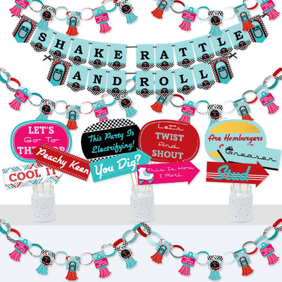 50's Sock Hop - Banner and Photo Booth Decorations - 1950s Rock N Roll Party Supplies Kit - Doterrific Bundle