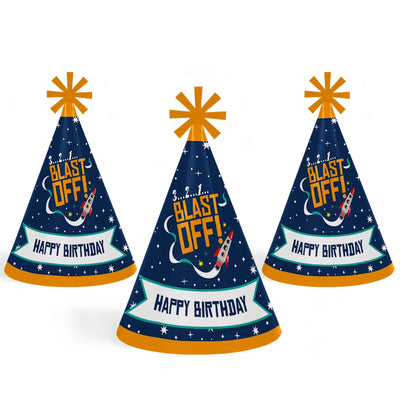 Blast Off to Outer Space - Cone Happy Birthday Party Hats for Kids and Adults - Set of 8 (Standard Size)