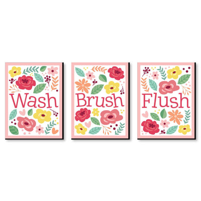 Floral Let's Par-Tea - Garden Tea Party Kids Bathroom Rules Wall Art - 7.5 x 10 inches - Set of 3 Signs - Wash, Brush, Flush