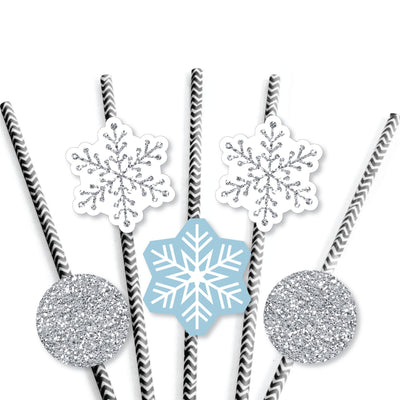 Winter Wonderland - Paper Straw Decor - Snowflake Holiday Party & Winter Wedding Party Striped Decorative Straws - Set of 24