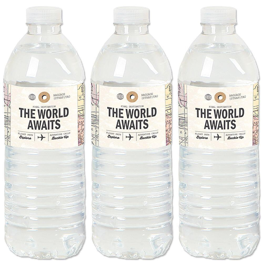 World Awaits - Travel Themed Party Water Bottle Sticker Labels - Set of 20