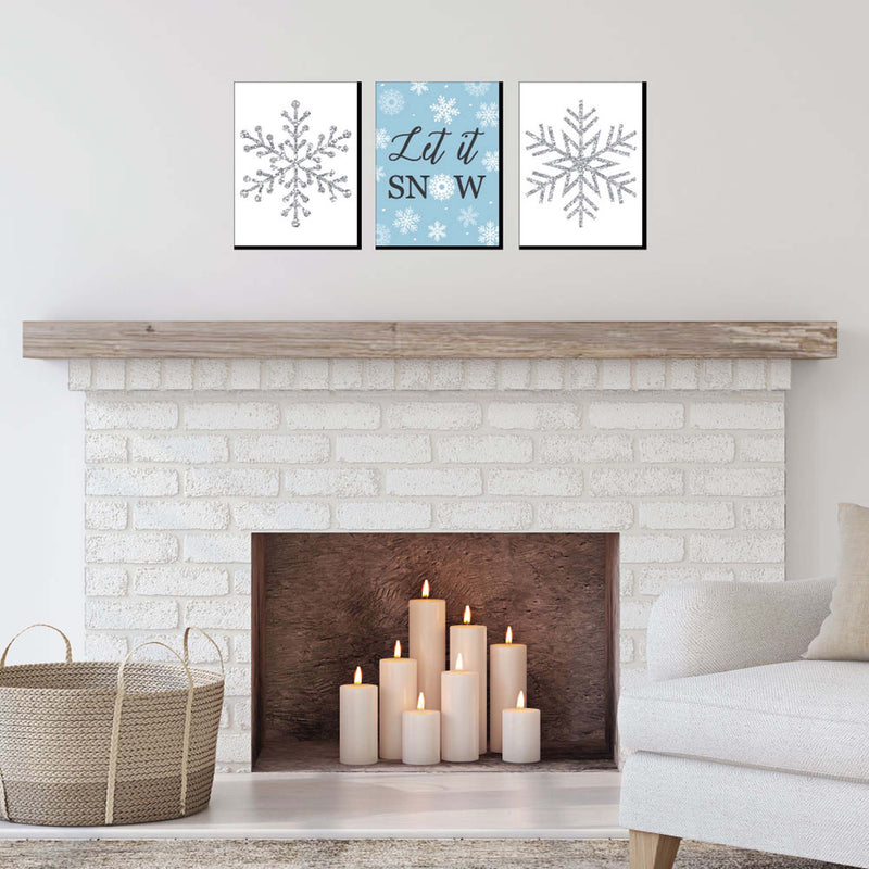 Winter Wonderland - Let It Snow Holiday Wall Art and Blue Snowflake Decor - 7.5 x 10 inches - Set of 3 Prints