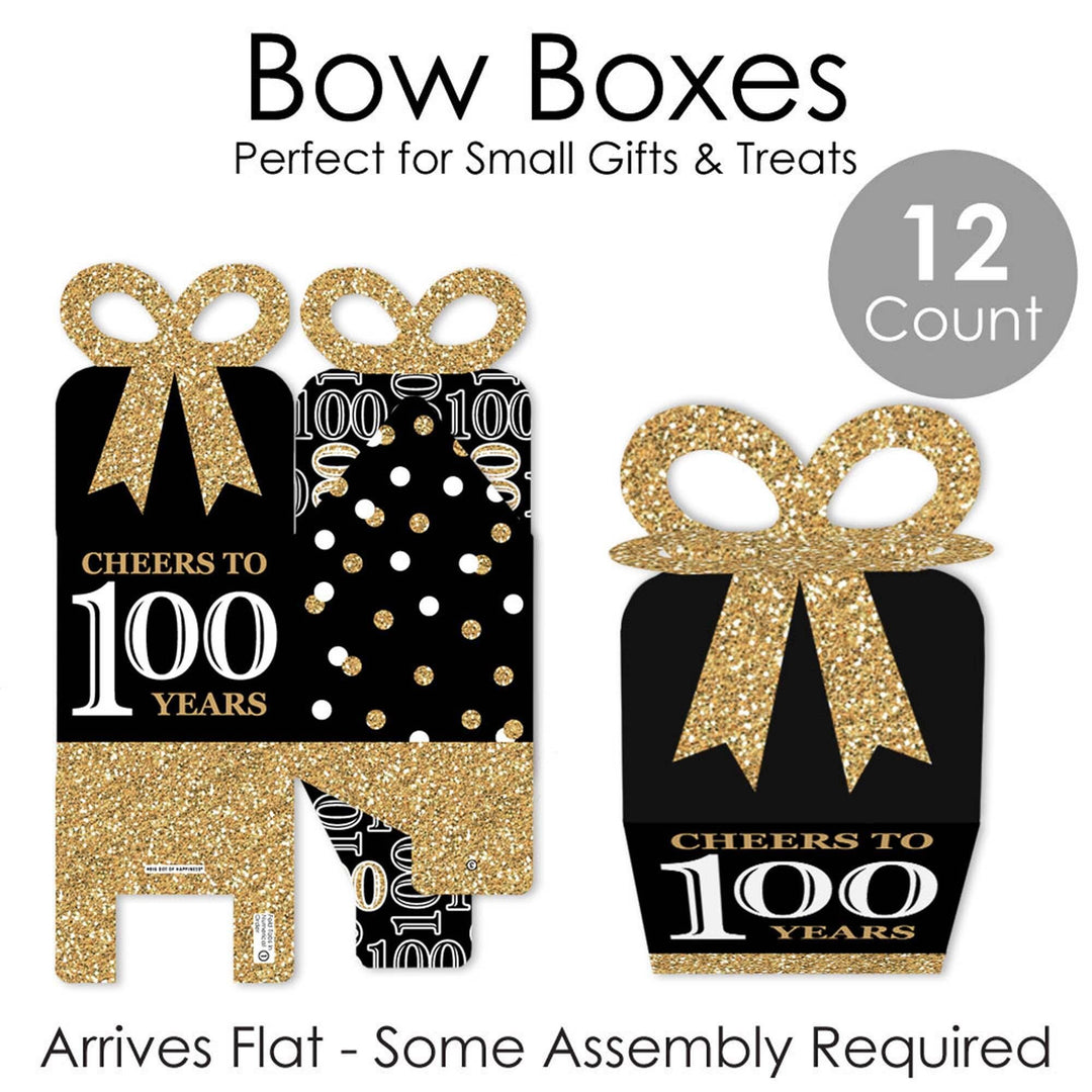 Adult 100th Birthday - Gold - Square Favor Gift Boxes - Birthday Party Bow Boxes - Set of 12