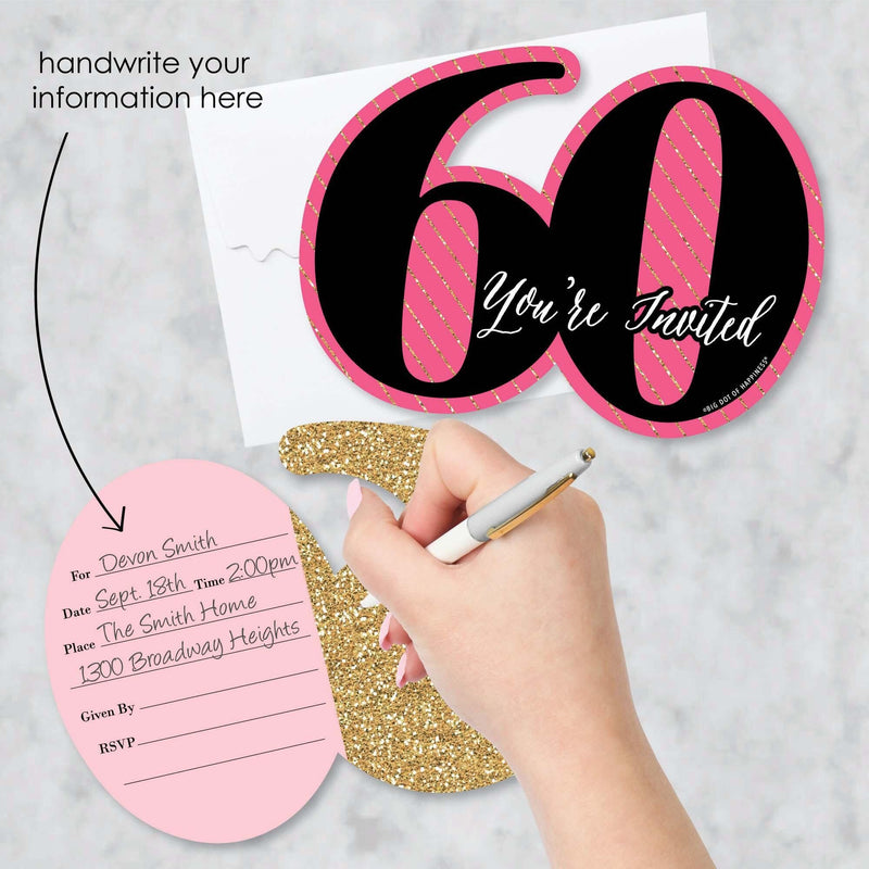Chic 60th Birthday - Pink, Black and Gold - Shaped Fill-In Invitations - Birthday Party Invitation Cards with Envelopes - Set of 12