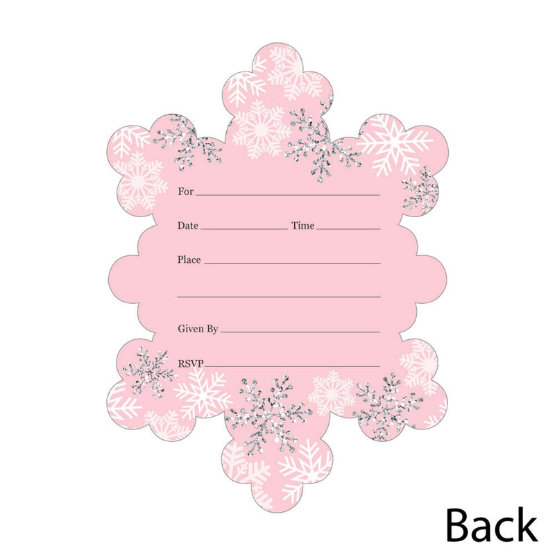 Pink Winter Wonderland - Shaped Fill-In Invitations - Holiday Snowflake Birthday Party and Baby Shower Invitation Cards with Envelopes - Set of 12
