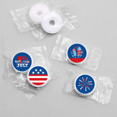 Firecracker 4th of July - Red, White and Royal Blue Party Round Candy Sticker Favors - Labels Fit Hershey's Kisses (1 sheet of 108)
