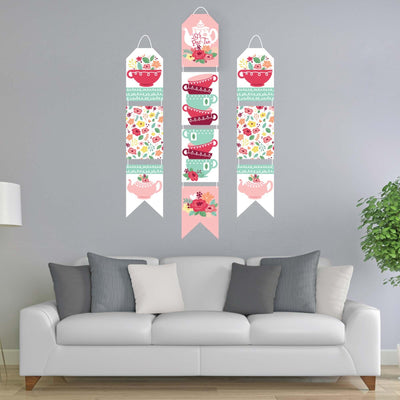 Floral Let's Par-Tea - Hanging Vertical Paper Door Banners - Garden Tea Party Wall Decoration Kit - Indoor Door Decor