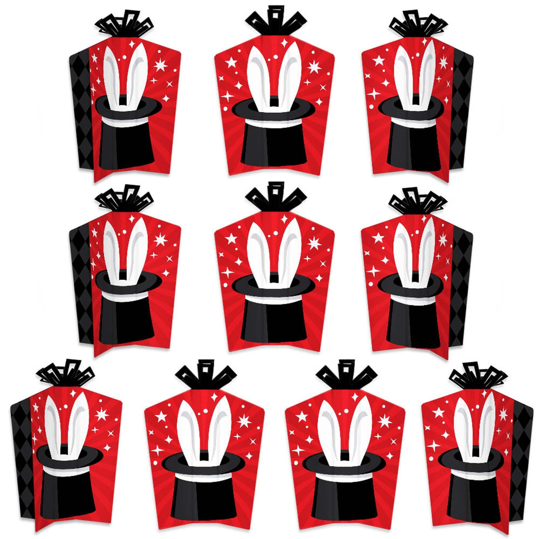 A set of flat, red, black, and white fold and flare centerpiece decorations for a magical birthday party theme.