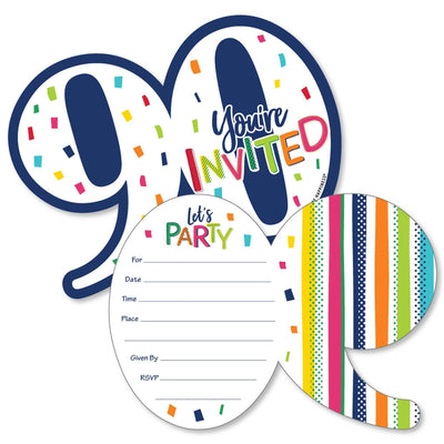 90th Birthday - Cheerful Happy Birthday - Shaped Fill-In Invitations - Colorful Ninetieth Birthday Party Invitation Cards with Envelopes - Set of 12