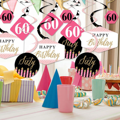 Chic 60th Birthday - Pink, Black and Gold - Birthday Party Hanging Decor - Party Decoration Swirls - Set of 40