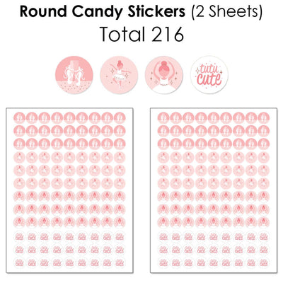 Tutu Cute Ballerina - Mini Candy Bar Wrappers, Round Candy Stickers and Circle Stickers - Ballet Birthday Party or Baby Shower Candy Favor Sticker Kit - 304 Pieces