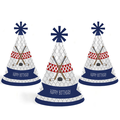 Shoots and Scores - Hockey - Cone Happy Birthday Party Hats for Kids and Adults - Set of 8 (Standard Size)