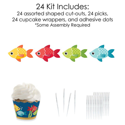 Let's Go Fishing - Cupcake Decoration - Fish Themed Party or Birthday Party Cupcake Wrappers and Treat Picks Kit - Set of 24