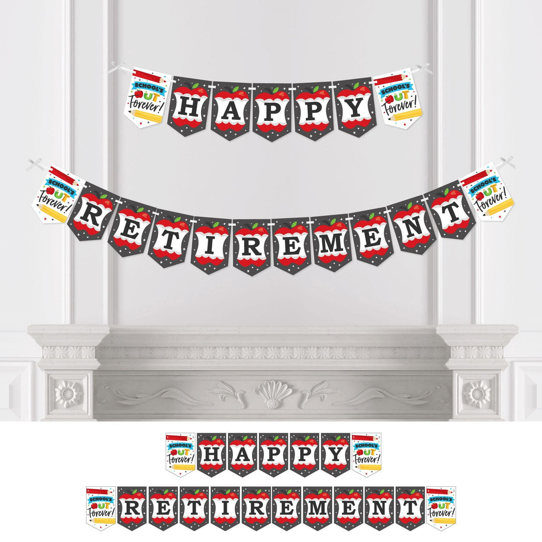 A bunting banner with the words 'HAPPY RETIREMENT' and themed pennants displayed across a decorative fireplace.