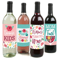 Colorful Floral Happy Mother's Day - We Love Mom Party Decorations for Women and Men - Wine Bottle Label Stickers - Set of 4