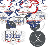 A set of hockey-themed party decoration swirls with phrases like 'SCORE' and hockey stick and puck designs in red, white, and blue colors.