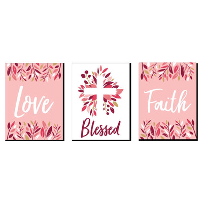 Pink Elegant Cross - Nursery Wall Art, Kids Room Decor and Religious Home Decorations - 7.5 x 10 inches - Set of 3 Prints