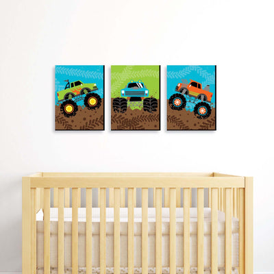 Smash and Crash - Monster Truck - Boy Nursery Wall Art and Kids Room Decor - 7.5 x 10 inches - Set of 3 Prints