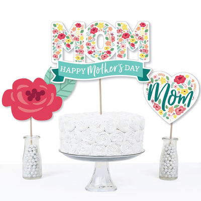 Colorful Floral Happy Mother's Day - We Love Mom Party Centerpiece Sticks - Table Toppers - Set of 15
