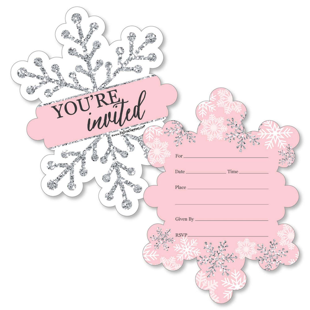 Pink Winter Wonderland - Shaped Fill-In Invitations - Holiday Snowflake Birthday Party and Baby Shower Invitation Cards with Envelopes - Set of 12