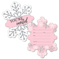 Pink Winter Wonderland - Shaped Fill-In Invitations - Holiday Snowflake Birthday Party and Baby Shower Invitation Cards with Envelopes - Set of 12