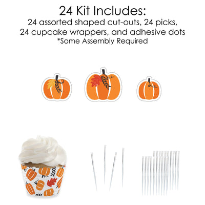 Fall Pumpkin - Cupcake Decoration - Halloween or Thanksgiving Party Cupcake Wrappers and Treat Picks Kit - Set of 24