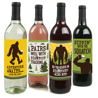 Sasquatch Crossing - Bigfoot Party or Birthday Party Decorations for Women and Men - Wine Bottle Label Stickers - Set of 4