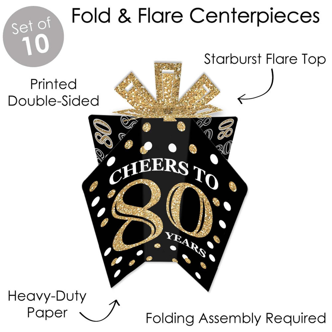 Adult 80th Birthday - Gold - Table Decorations - Birthday Party Fold and Flare Centerpieces - 10 Count
