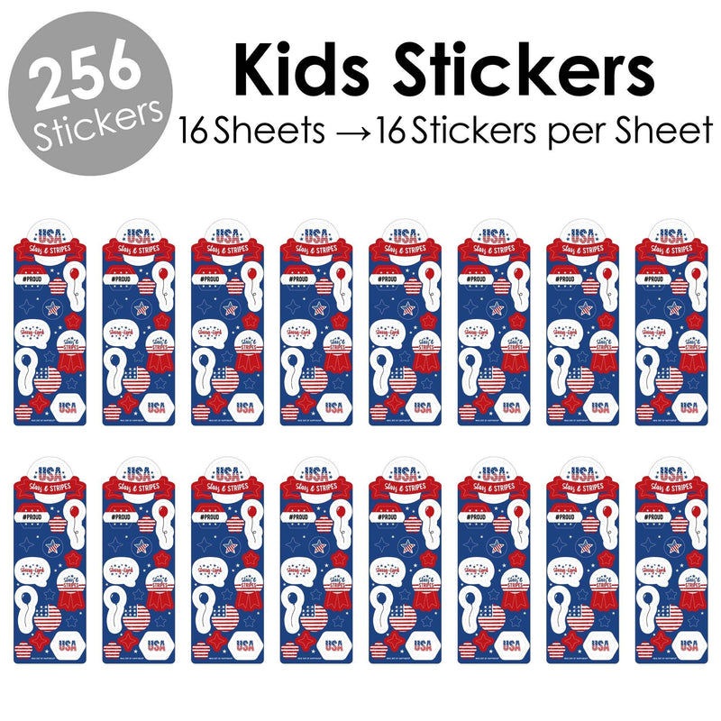 Stars & Stripes - Memorial Day, 4th of July and Labor Day USA Patriotic Party Favor Kids Stickers - 16 Sheets - 256 Stickers